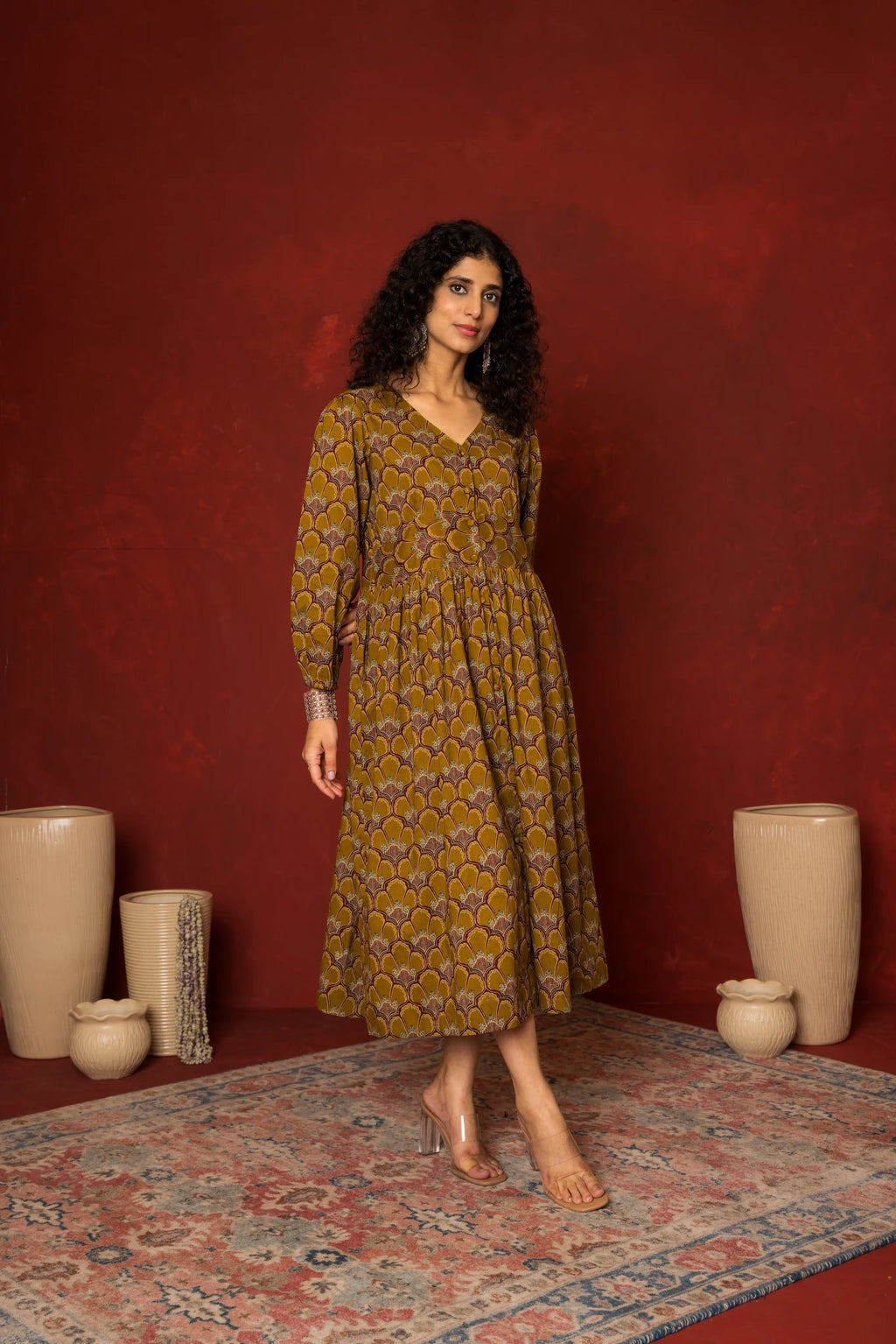 Light Brown Cotton V-Neck Dress For Women's