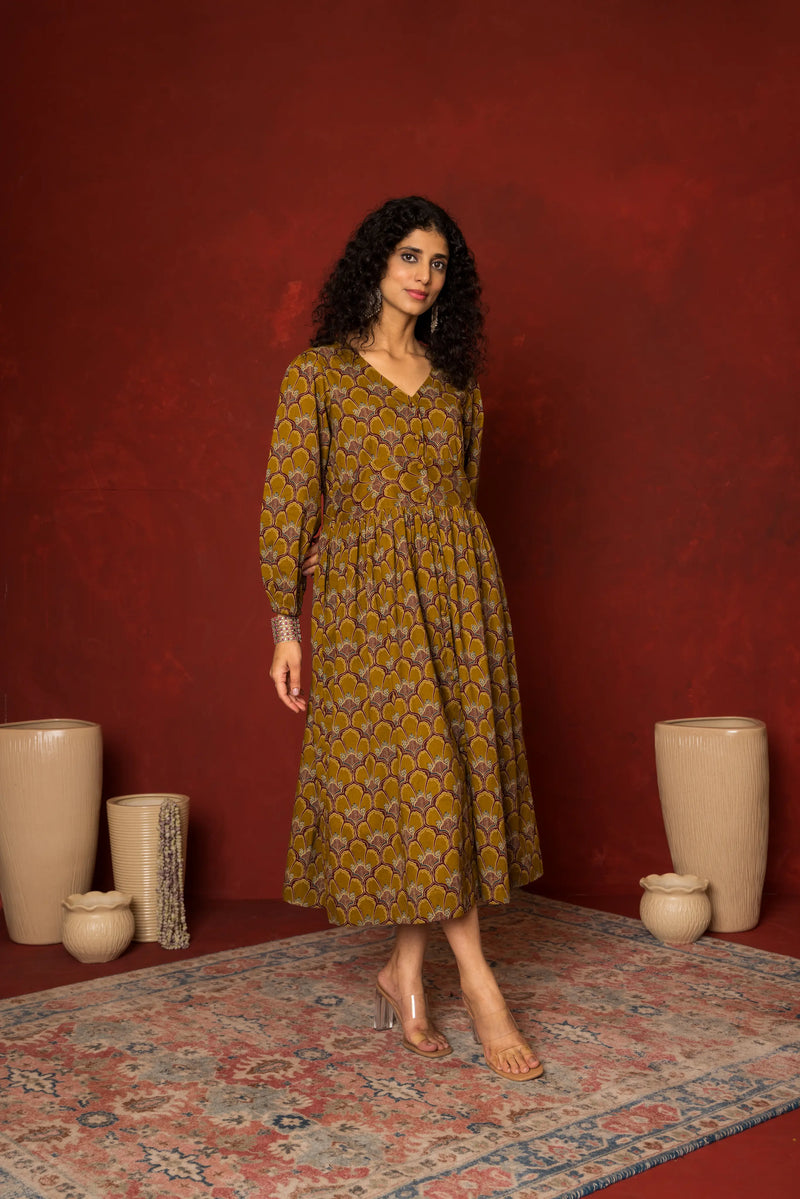 Light Brown Cotton V-Neck Dress For Women's