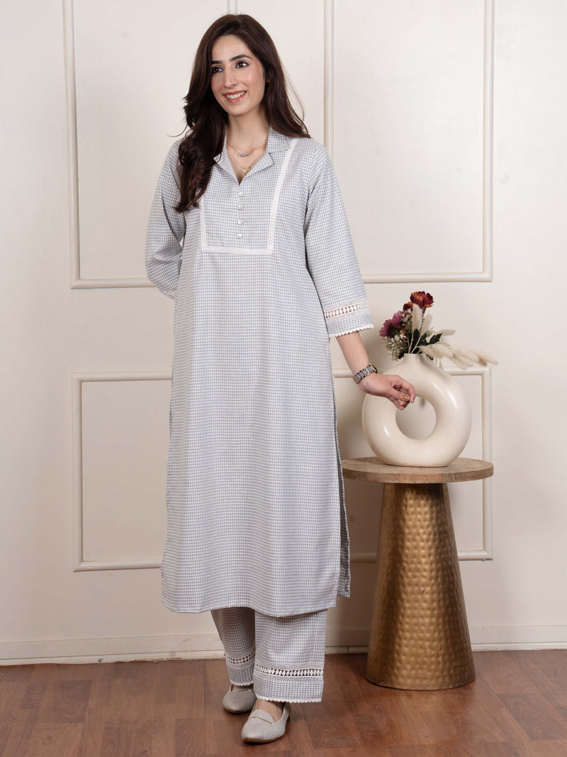 Light Blue Collar Neck Checks Woolen Kurta Pant Set