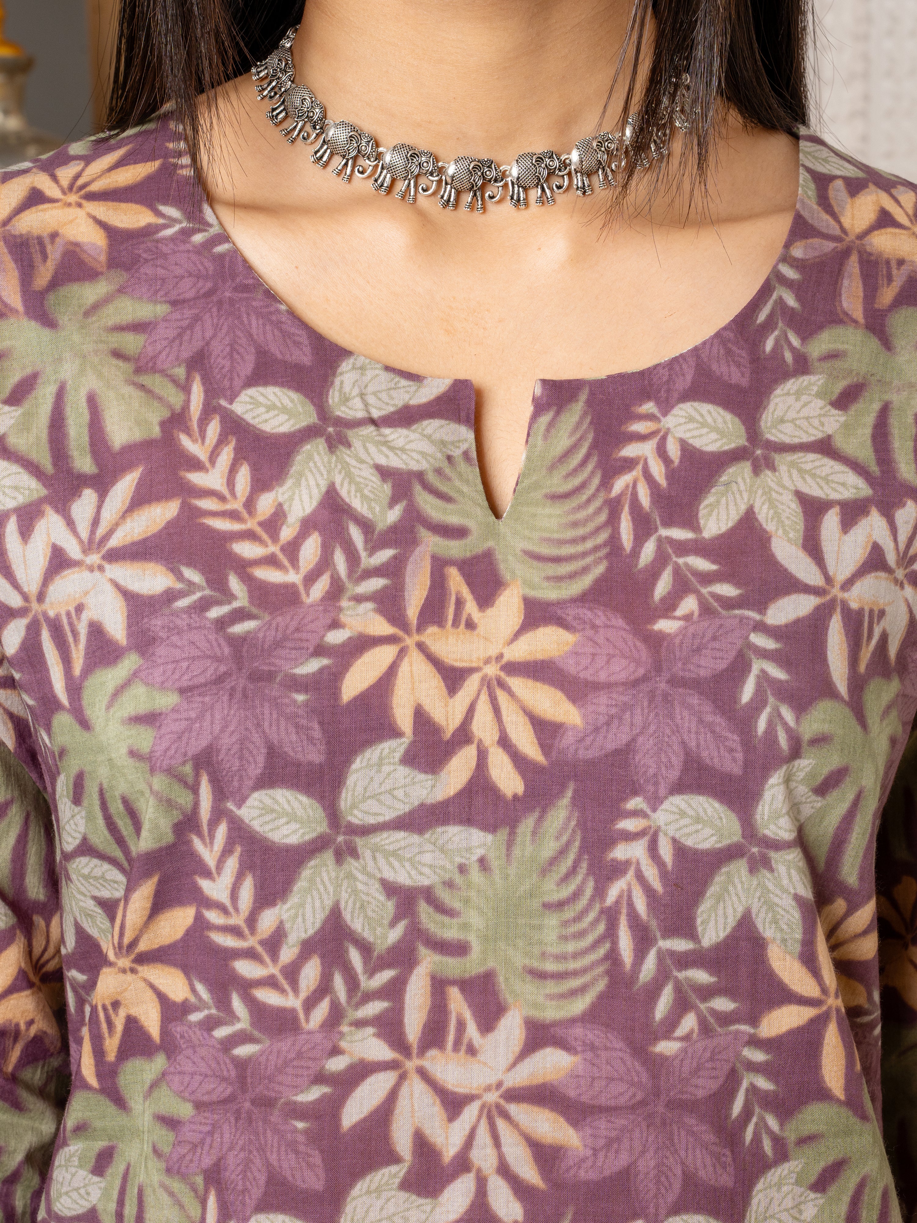 Multi Colour Cotton Round With V-Neck Floral Print Kurta For Women's