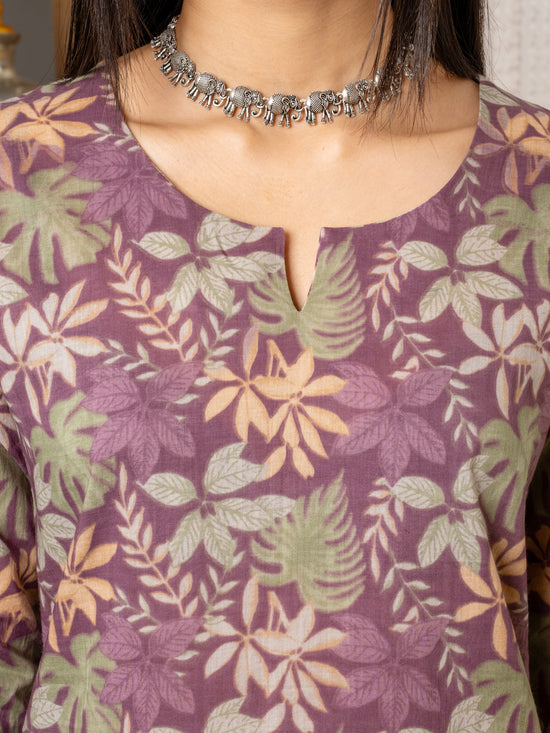 Multi Colour Cotton Round With V-Neck Floral Print Kurta For Women's