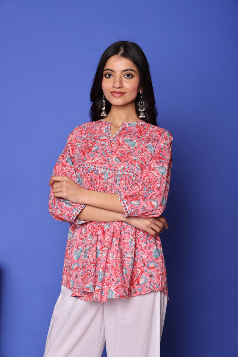 Pink Cotton Collar With V-Neck Handblock Short Top For Women's