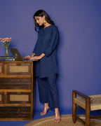 INDIGO BLUE COTTON LINEN COLLAR NECK KATHA WORK ON BACK SIDE KURTA PANT SET