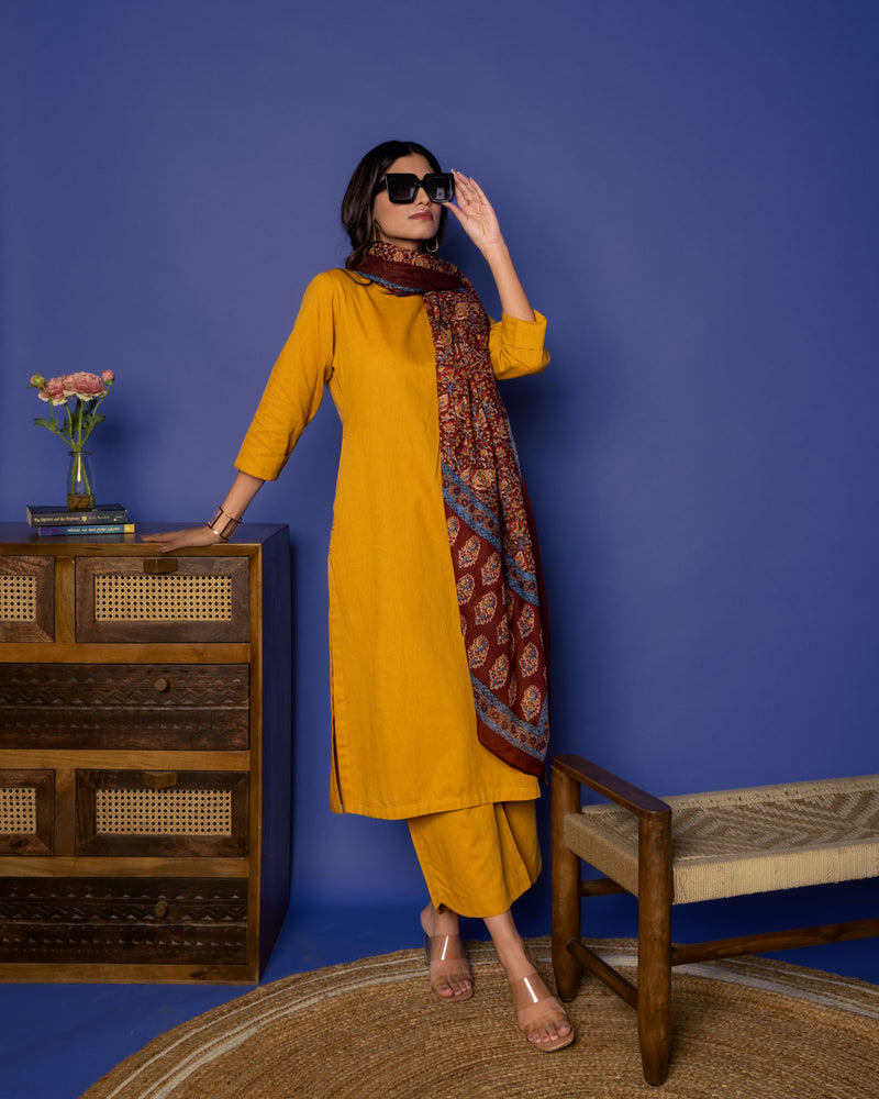 MUSTARD COTTON LINEN DUPATTA ALL OVER PRINTED FULL SET