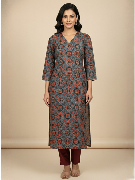Blue Colour Cotton V-Neck Floral Print Bead Work Kurta For Women's