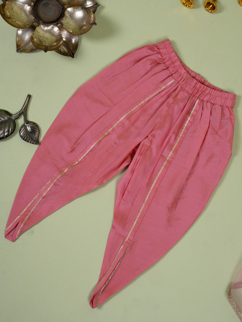 Pink Banarasi Kurta Dhoti Dupatta Set For Girls
