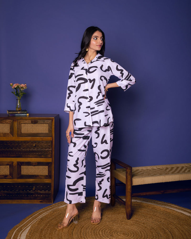 White Linen Blend Shirt Collar Abstract Print Co-Ord Set For Women's