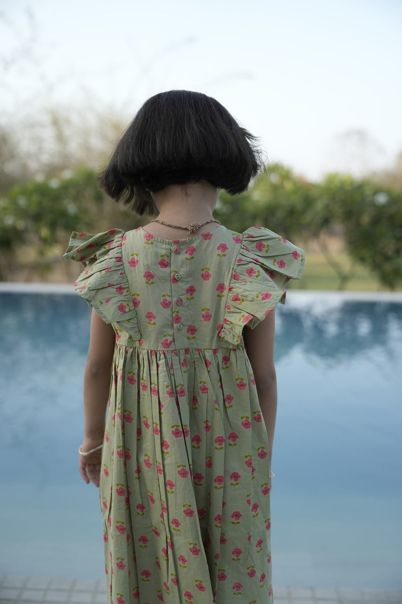 Green Cotton Printed Dress For Girls