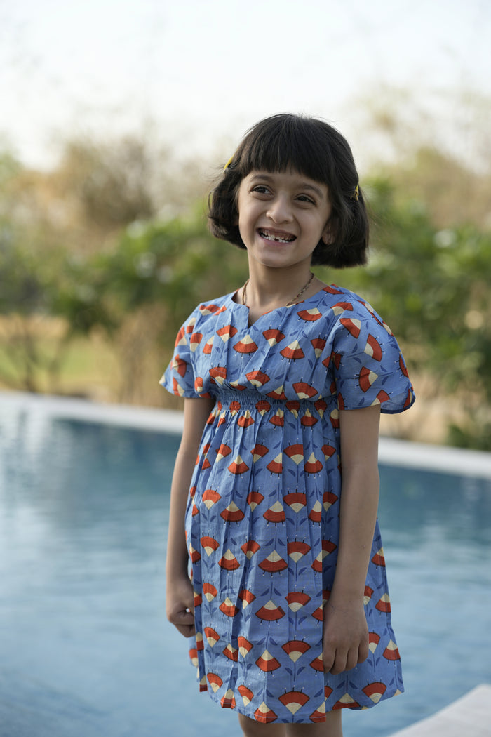 Blue Cotton Kaftan Dress For Girls