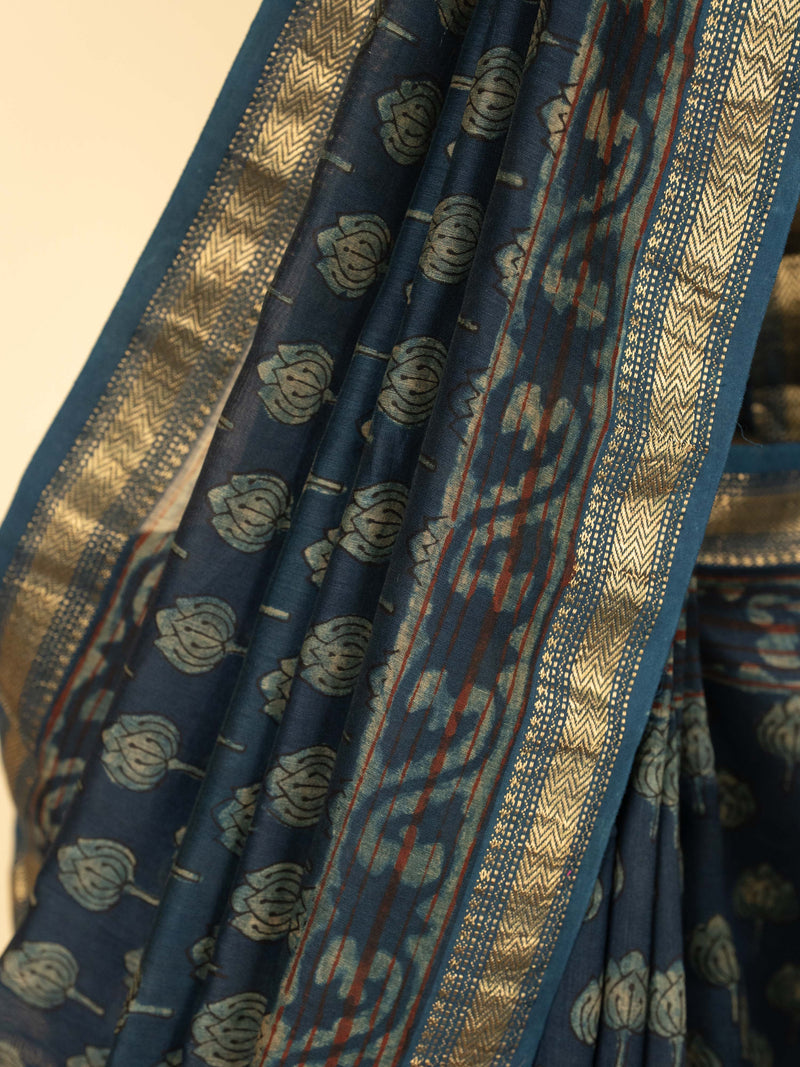 Blue Color Chanderi Block Printed Saree