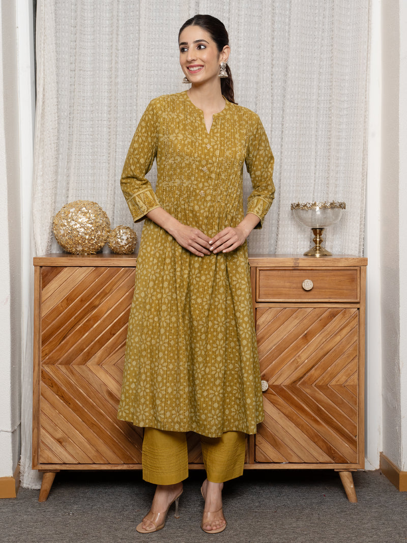 Mustard Colour Cotton Kantha Embroidery Bead Work Handblock Print Kurta For Women's