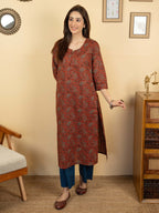 Brick Red Colour Cotton Round With V-Neck Jaal Print Kurta For Women's