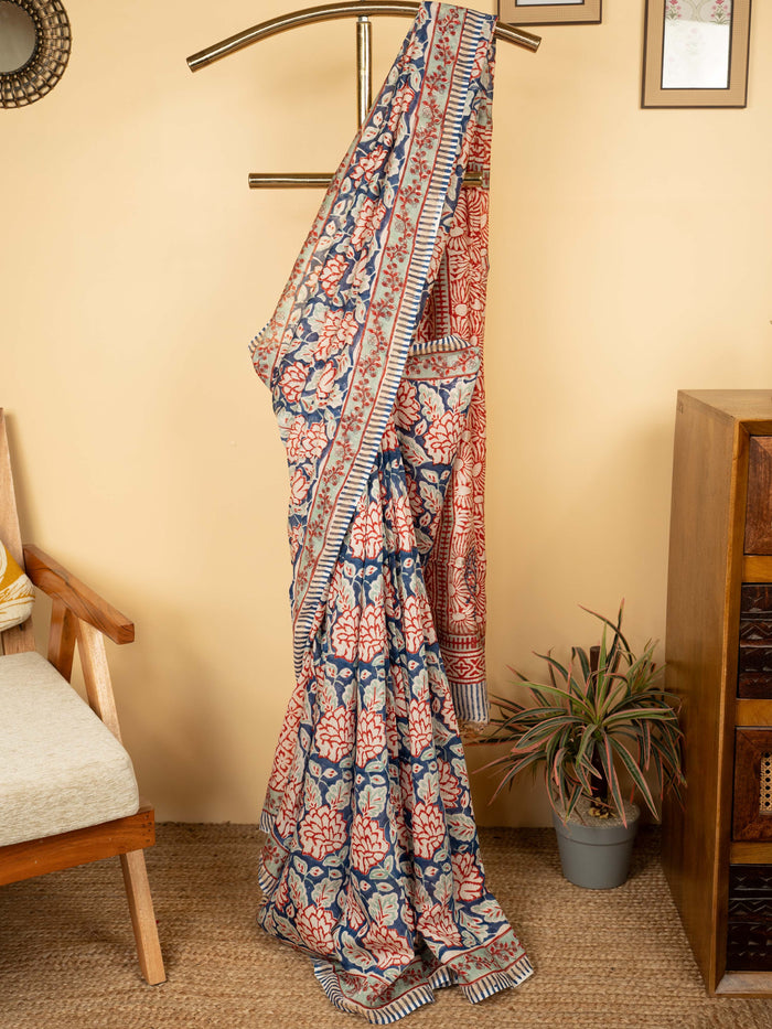 Sky Blue Chanderi Block Print Saree