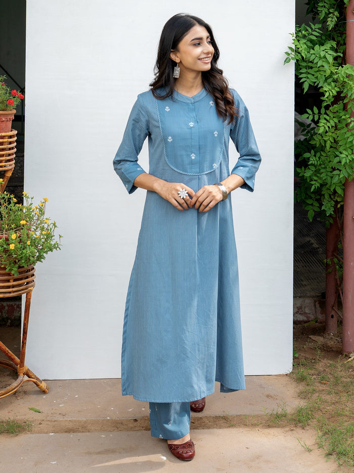 Classic Blue Cotton Kurta Pant Set For Women's
