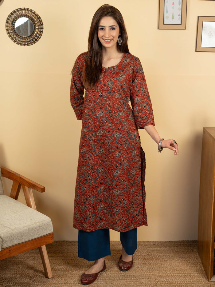 Brick Red Colour Cotton Round With V-Neck Jaal Print Kurta For Women's