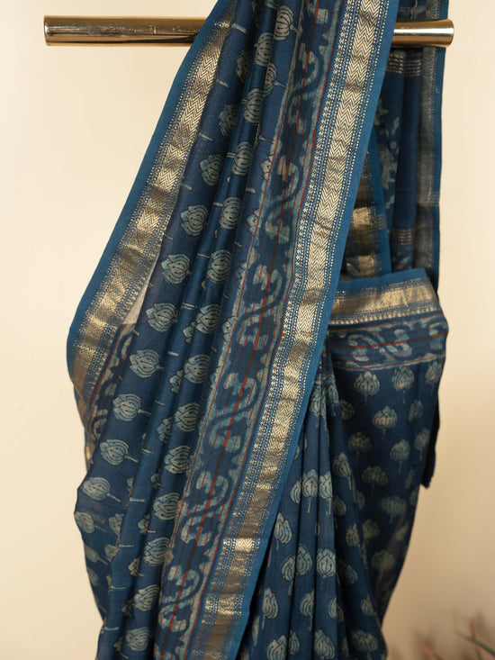 Blue Color Chanderi Block Printed Saree