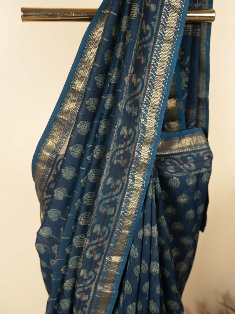 Blue Color Chanderi Block Printed Saree