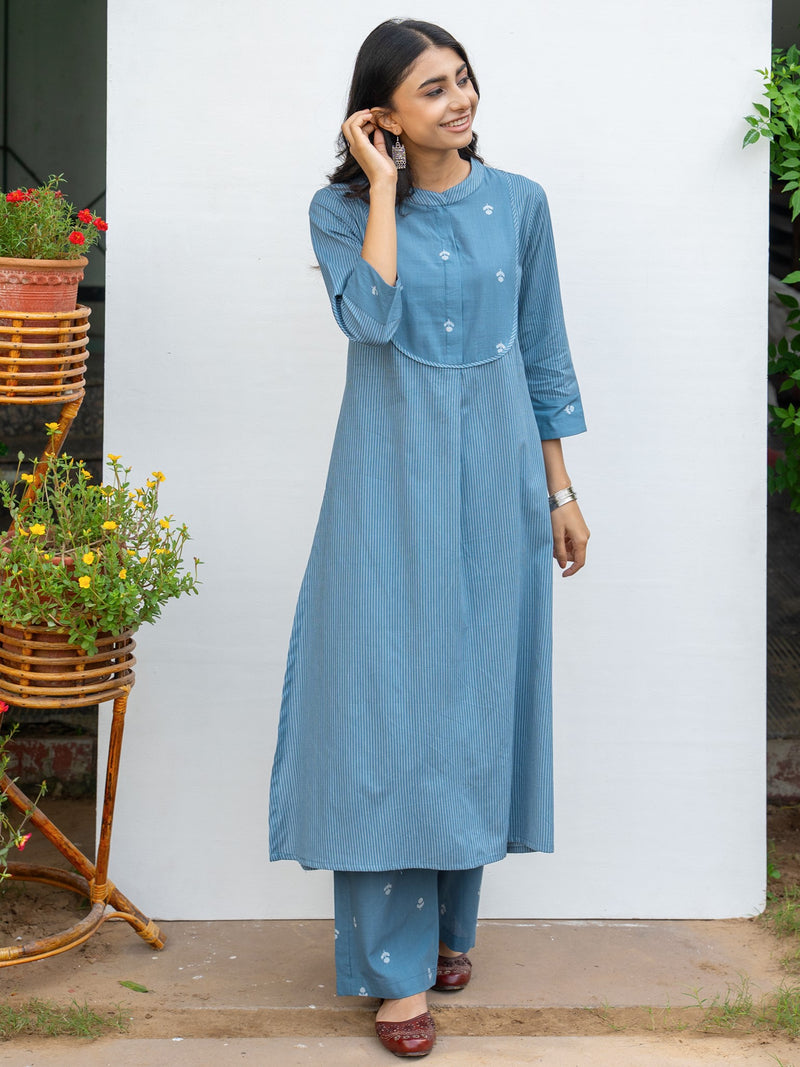 Classic Blue Cotton Kurta Pant Set For Women's