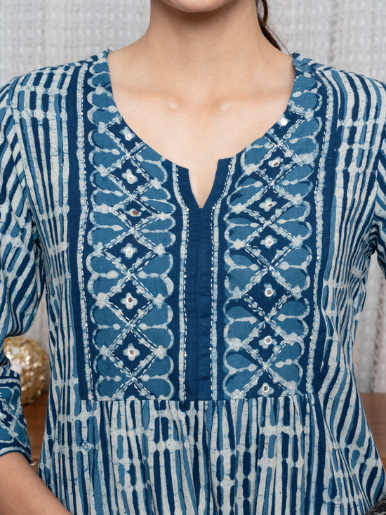 Indigo Cotton Round with V-Neck Kurta For Women's