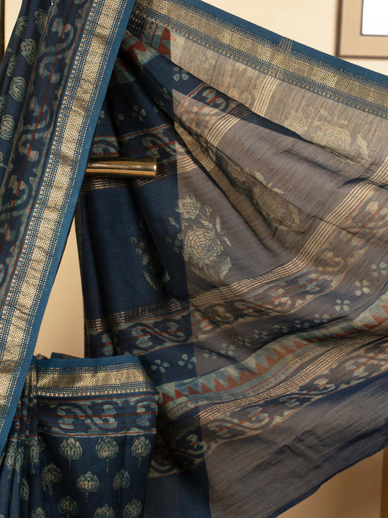 Blue Color Chanderi Block Printed Saree