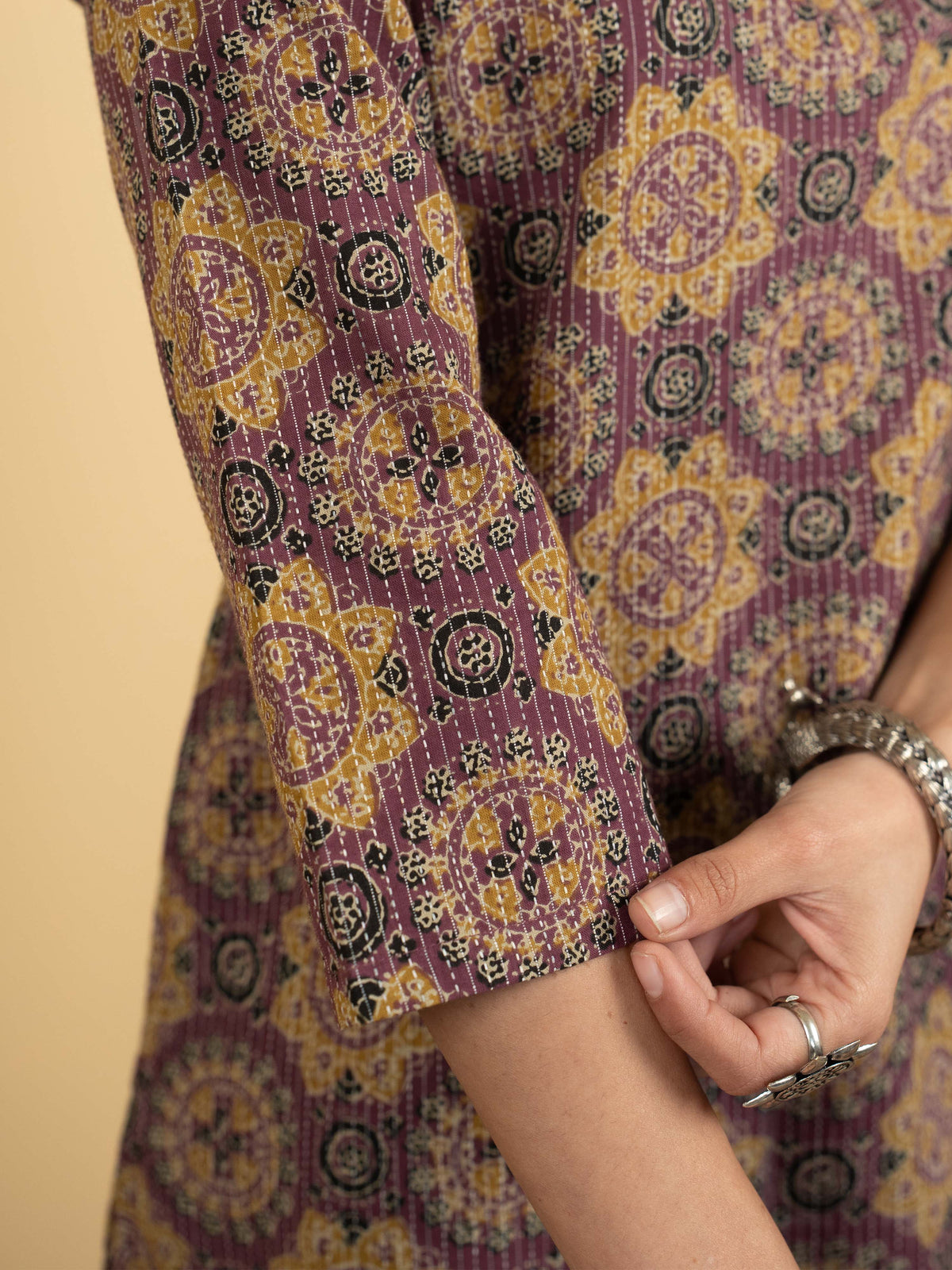 Purple Colour Cotton V-Neck Katha Print Kurta For Women's