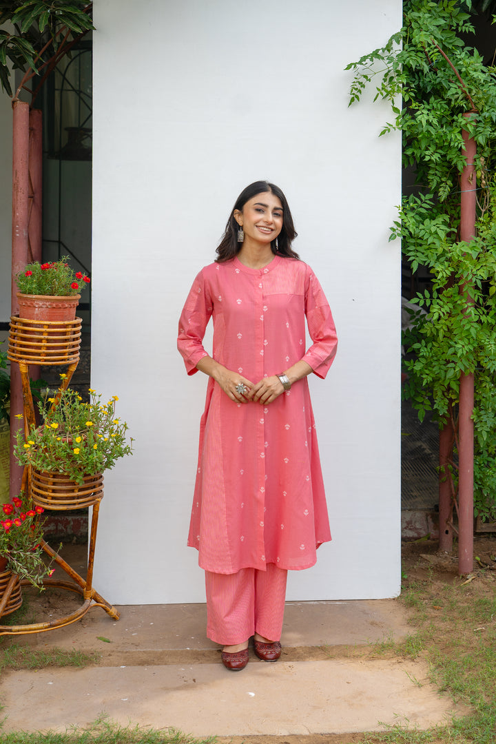 Coral Pink Cotton Handloom Kurta Pant Set For Women's