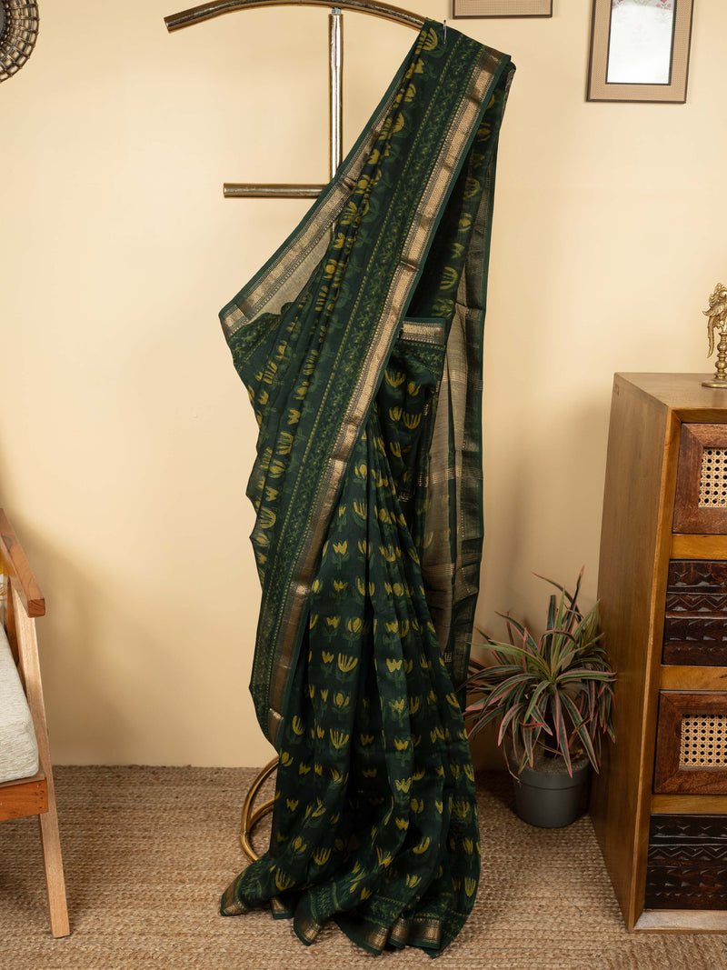 Green Color Chanderi Block Printed Saree