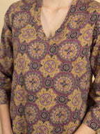 Purple Colour Cotton V-Neck Katha Print Kurta For Women's