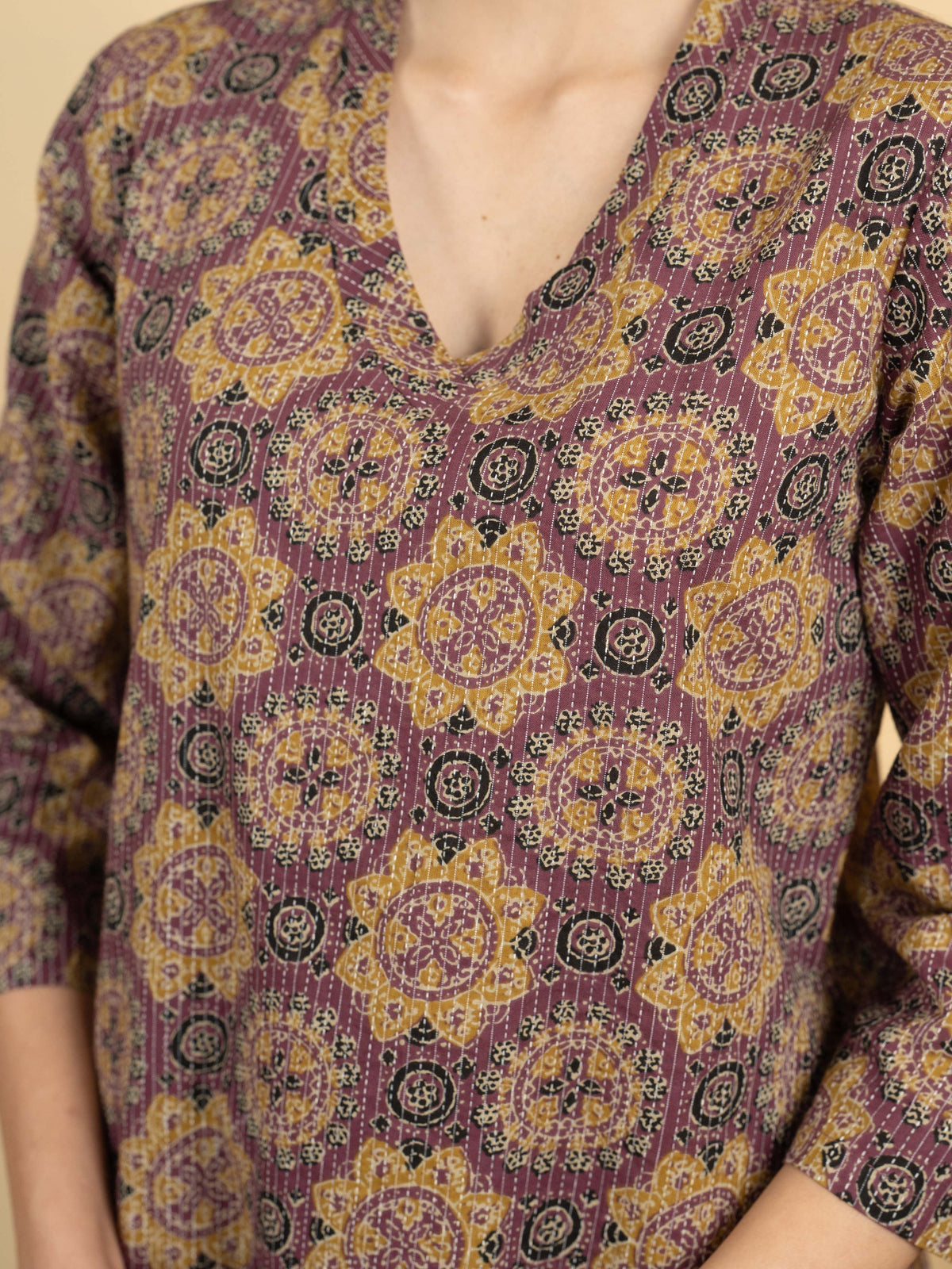 Purple Colour Cotton V-Neck Katha Print Kurta For Women's