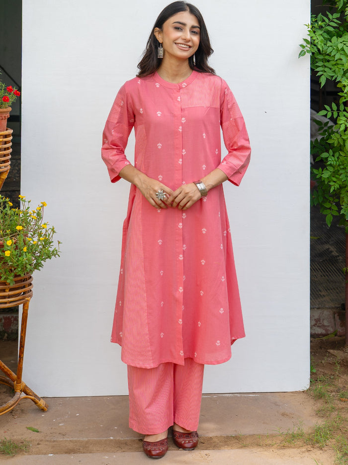 Coral Pink Cotton Handloom Kurta Pant Set For Women's
