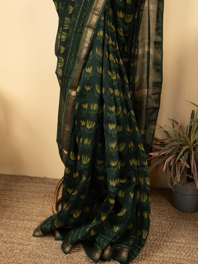 Green Color Chanderi Block Printed Saree