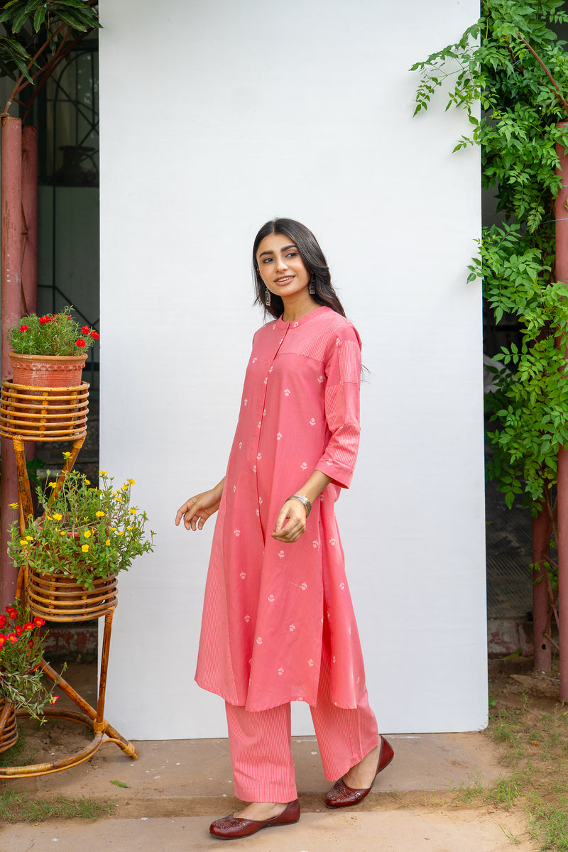 Coral Pink Cotton Handloom Kurta Pant Set For Women's