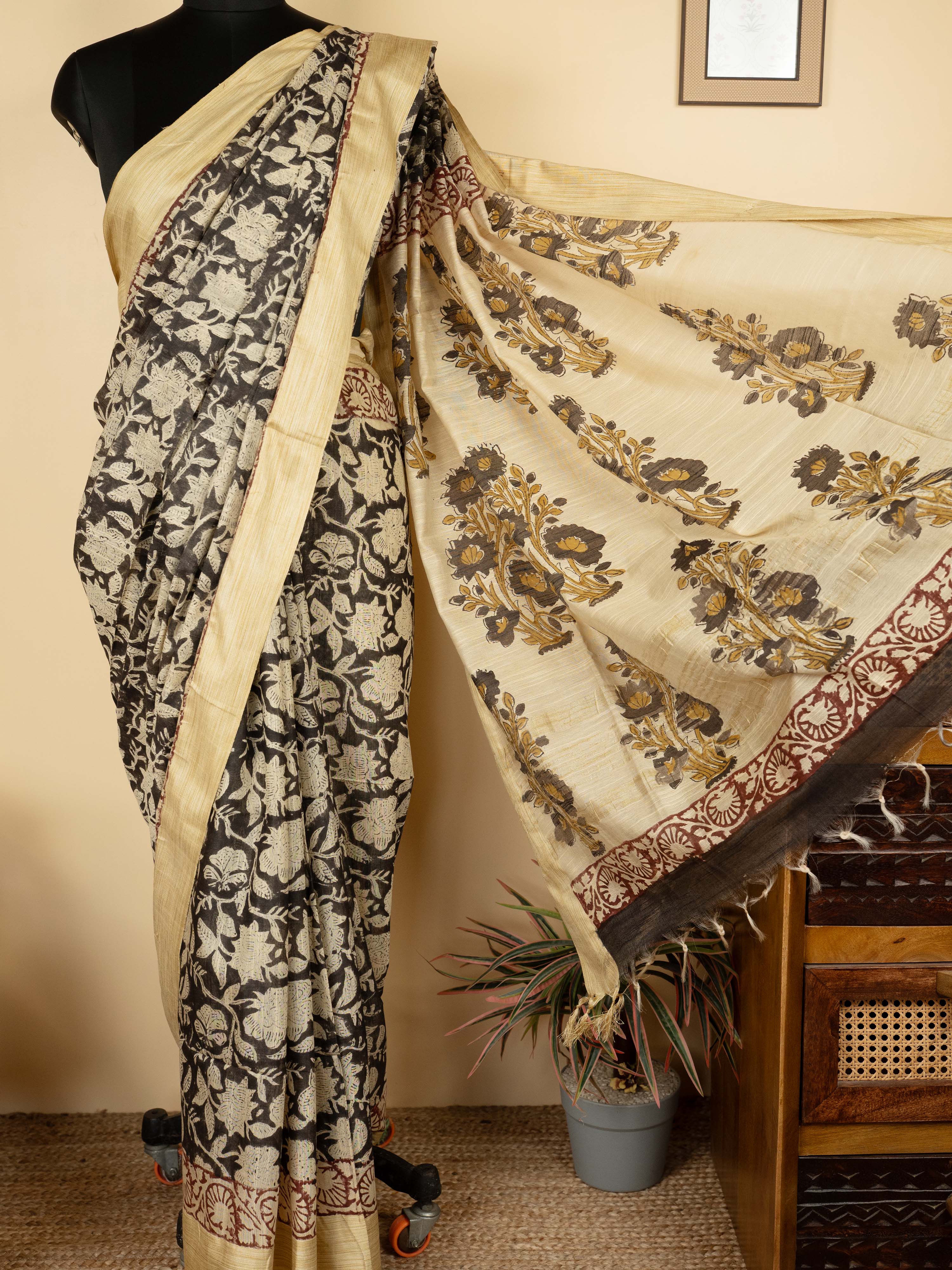 Black Cotton Block Printed Saree