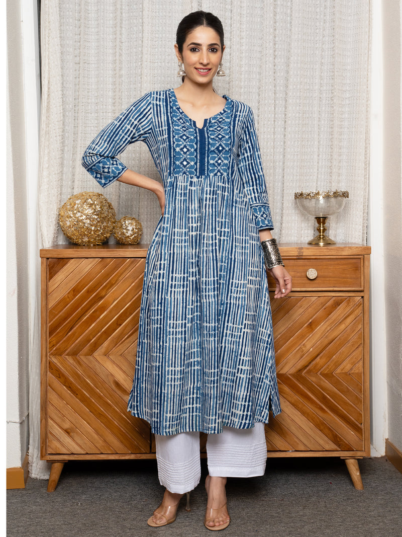 Indigo Cotton Round with V-Neck Kurta For Women's