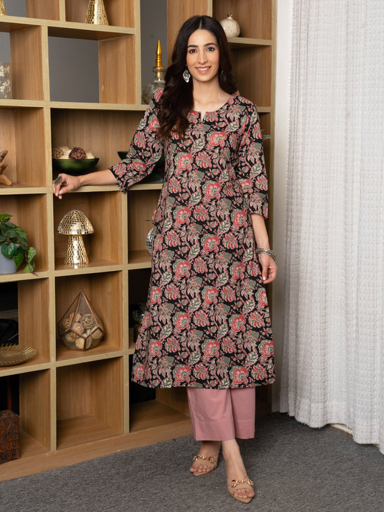 Multi Colour Cotton Round With Neck Floral Print Kurta For Women's