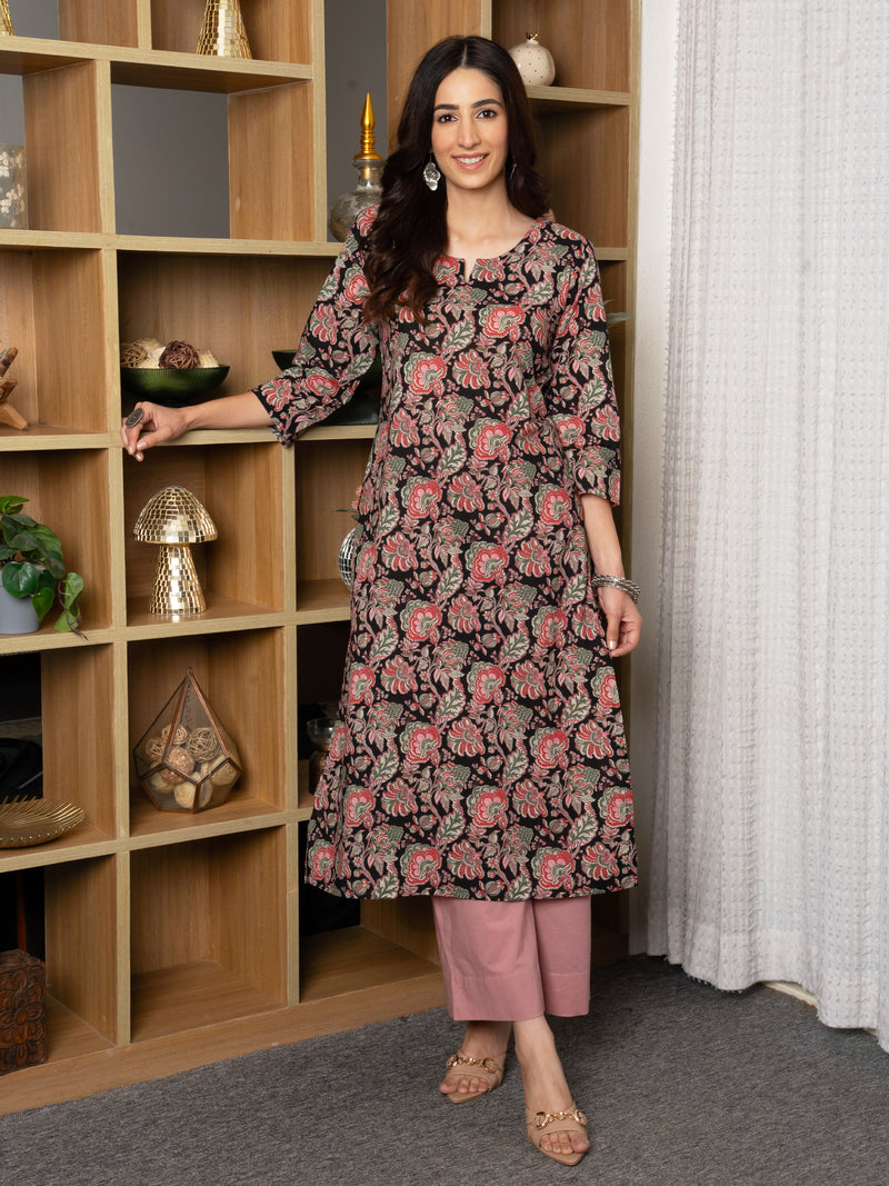 Multi Colour Cotton Round With Neck Floral Print Kurta For Women's