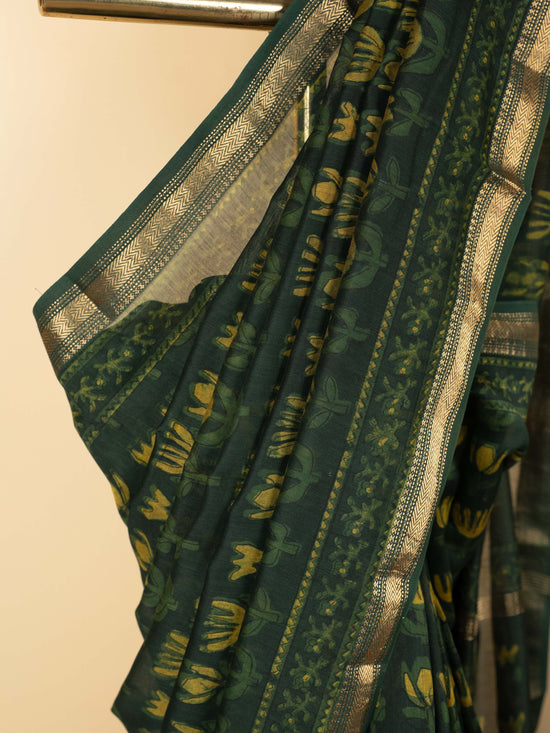 Green Color Chanderi Block Printed Saree