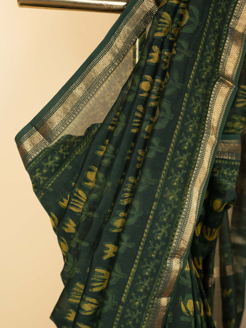 Green Color Chanderi Block Printed Saree