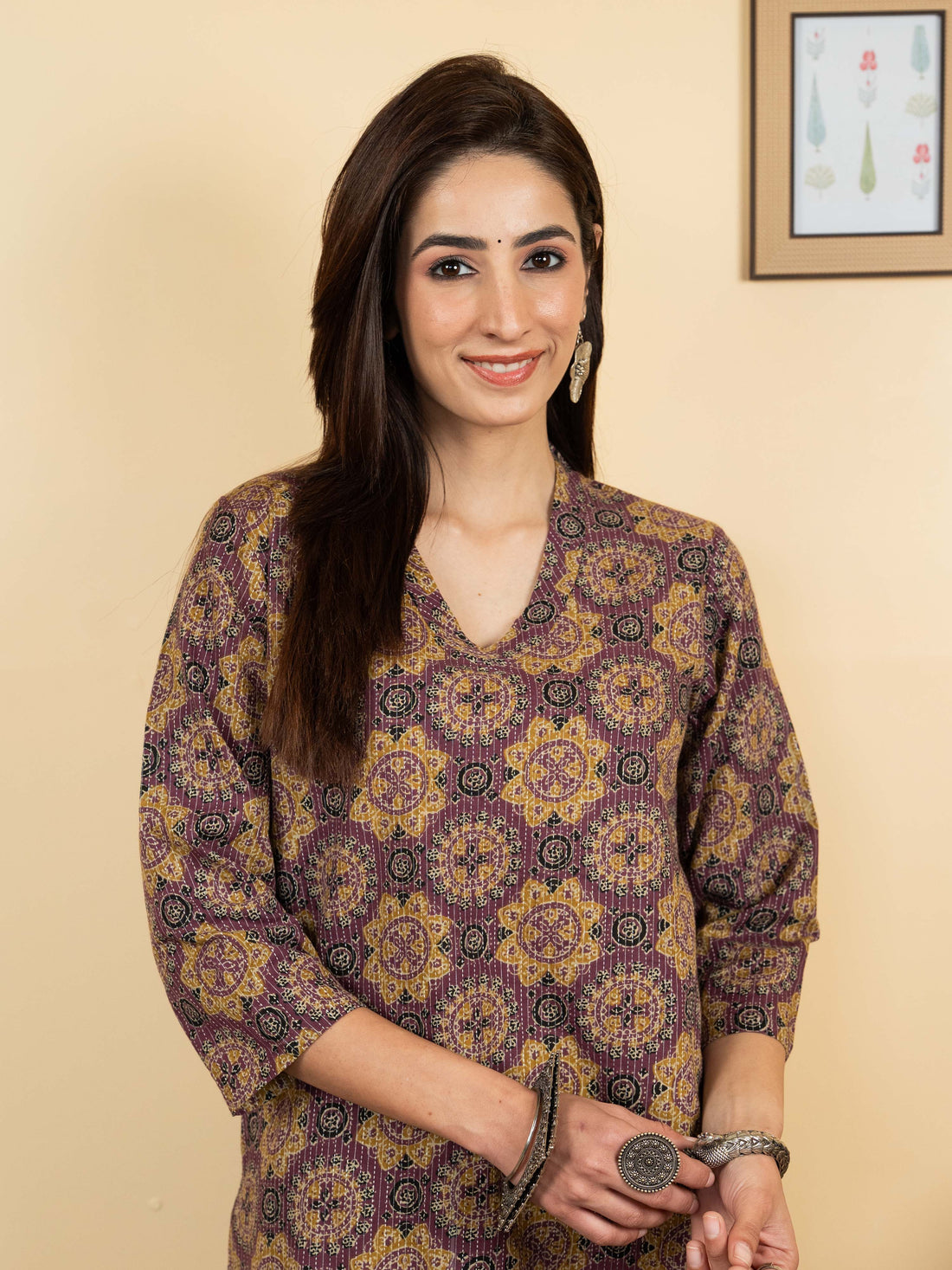Purple Colour Cotton V-Neck Katha Print Kurta For Women's