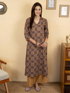 Purple Colour Cotton V-Neck Katha Print Kurta For Women's