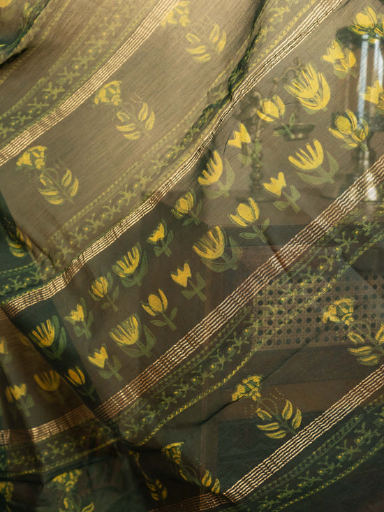 Green Color Chanderi Block Printed Saree