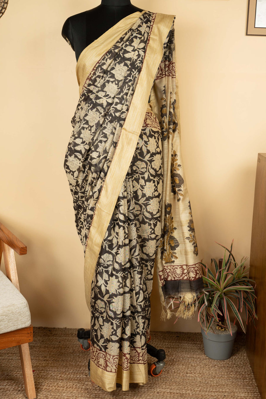 Black Cotton Block Printed Saree