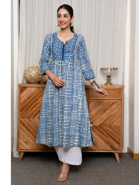 Indigo Cotton Round with V-Neck Kurta For Women's