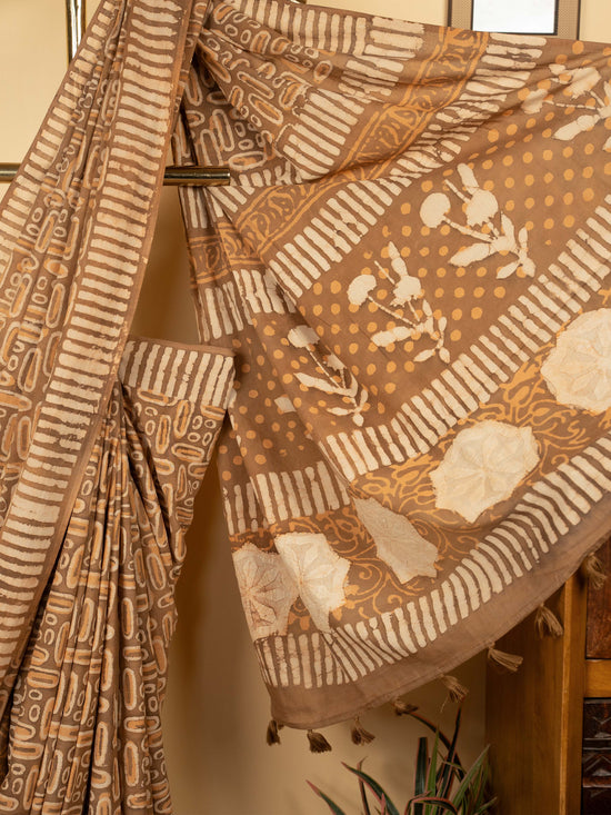 Beige Chanderi Block Printed Saree