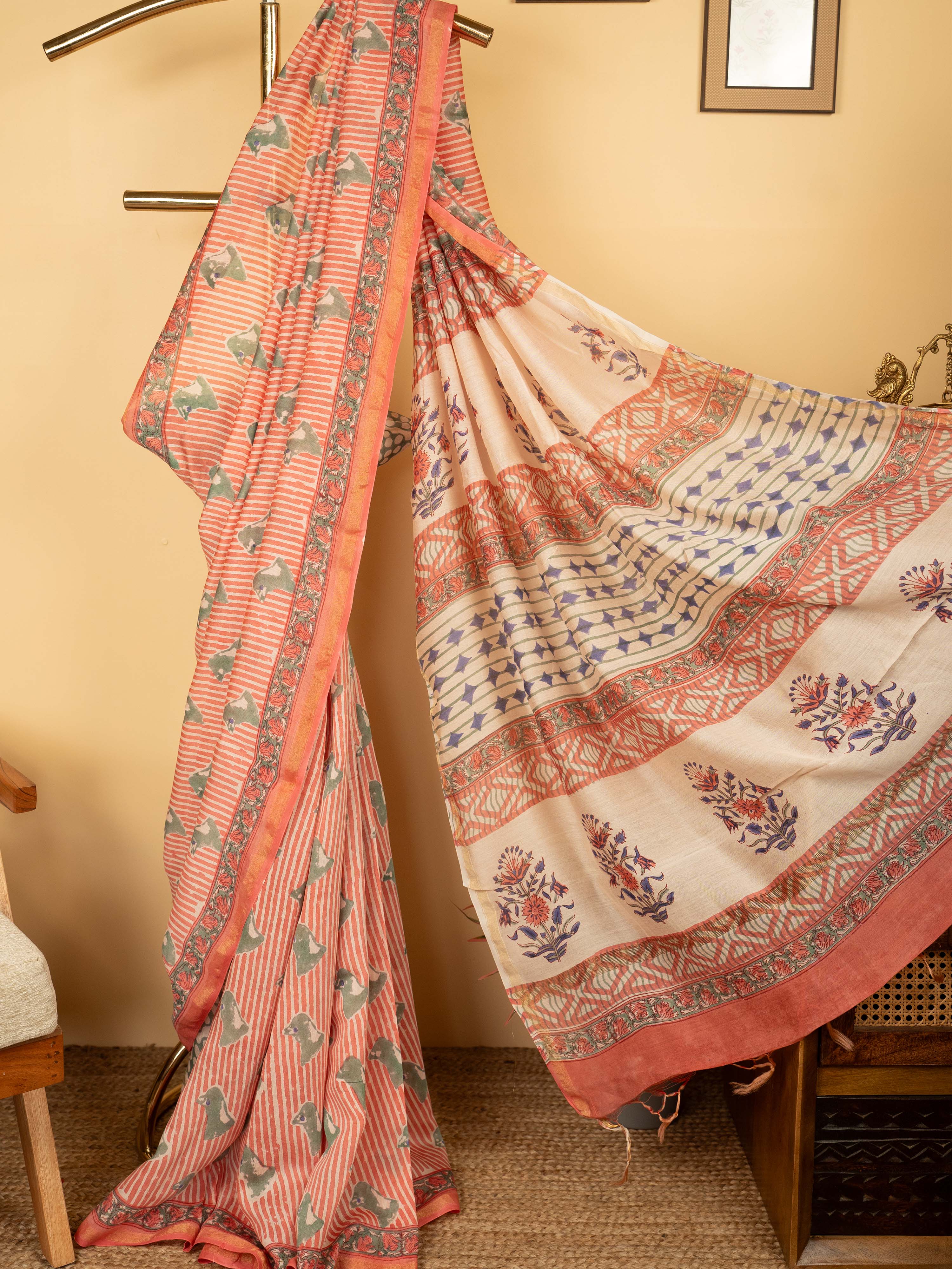 Dusty Pink Chanderi Block Printed Saree