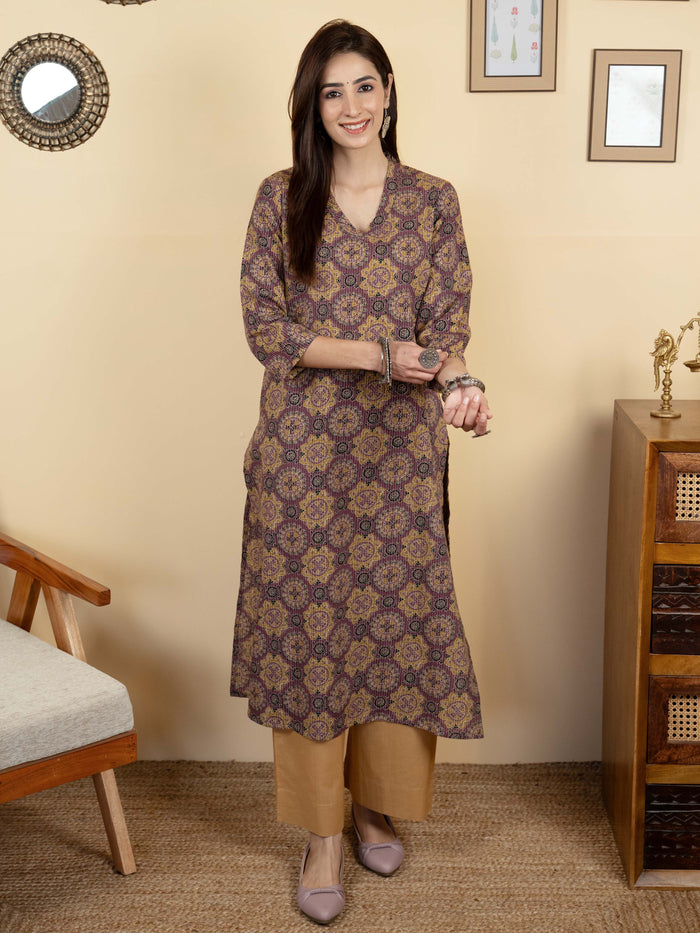 Purple Colour Cotton V-Neck Katha Print Kurta For Women's