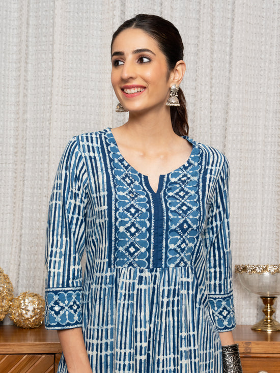 Indigo Cotton Round with V-Neck Kurta For Women's