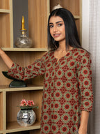 Green Colour Cotton Round With V Neck Floral Print Kurta For Women's