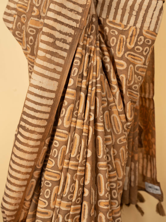 Beige Chanderi Block Printed Saree