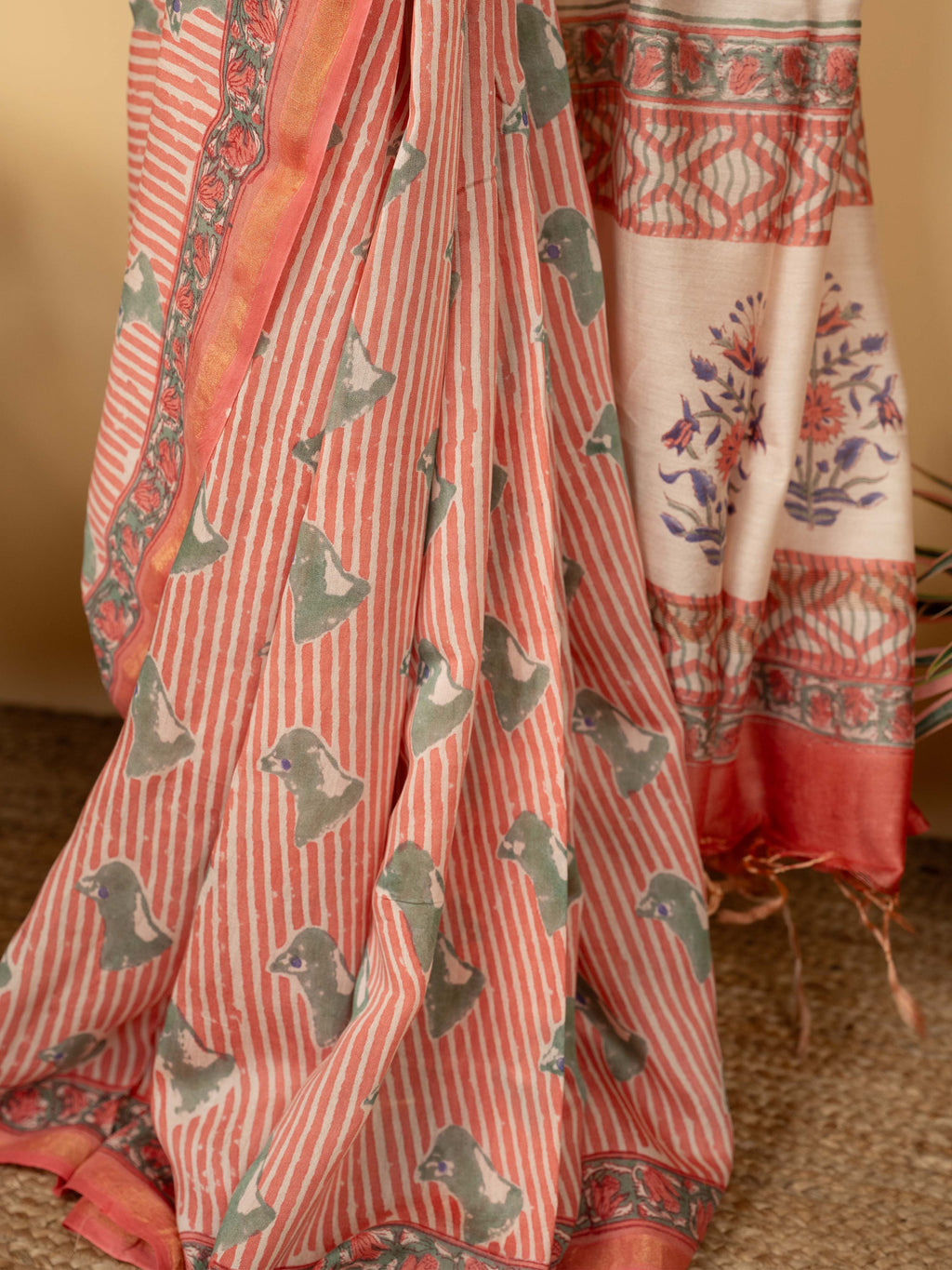 Dusty Pink Chanderi Block Printed Saree